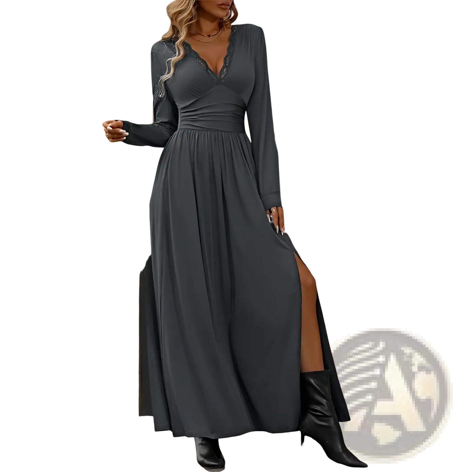 A flowing dark gray v neck long sleeve ruched slit maxi dress with lace detailing at neckline and sleeves
