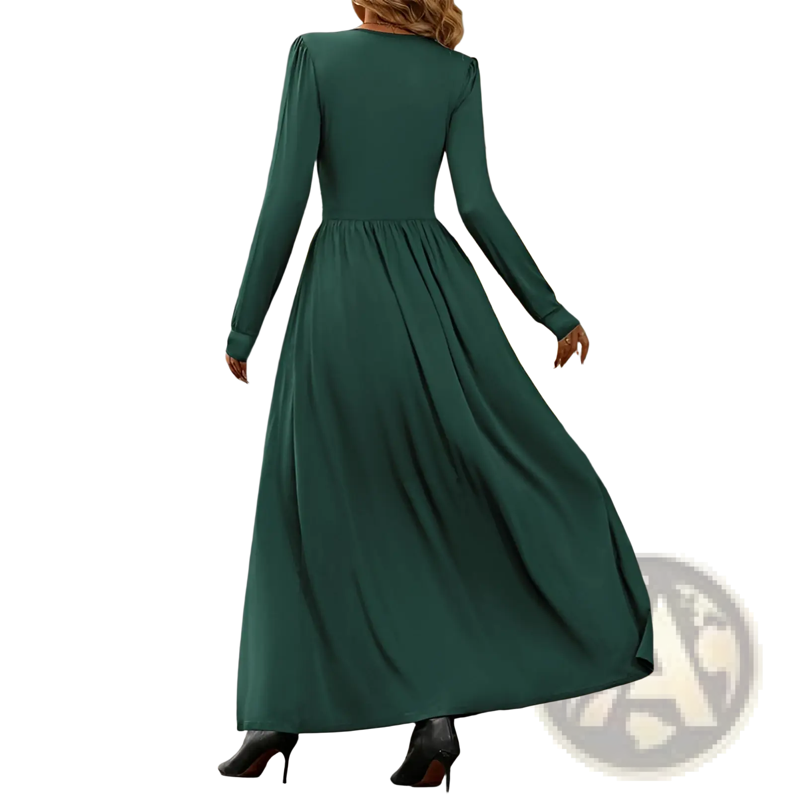 A flowing emerald green v neck long sleeve ruched slit maxi dress with fitted bodice and gathered waist