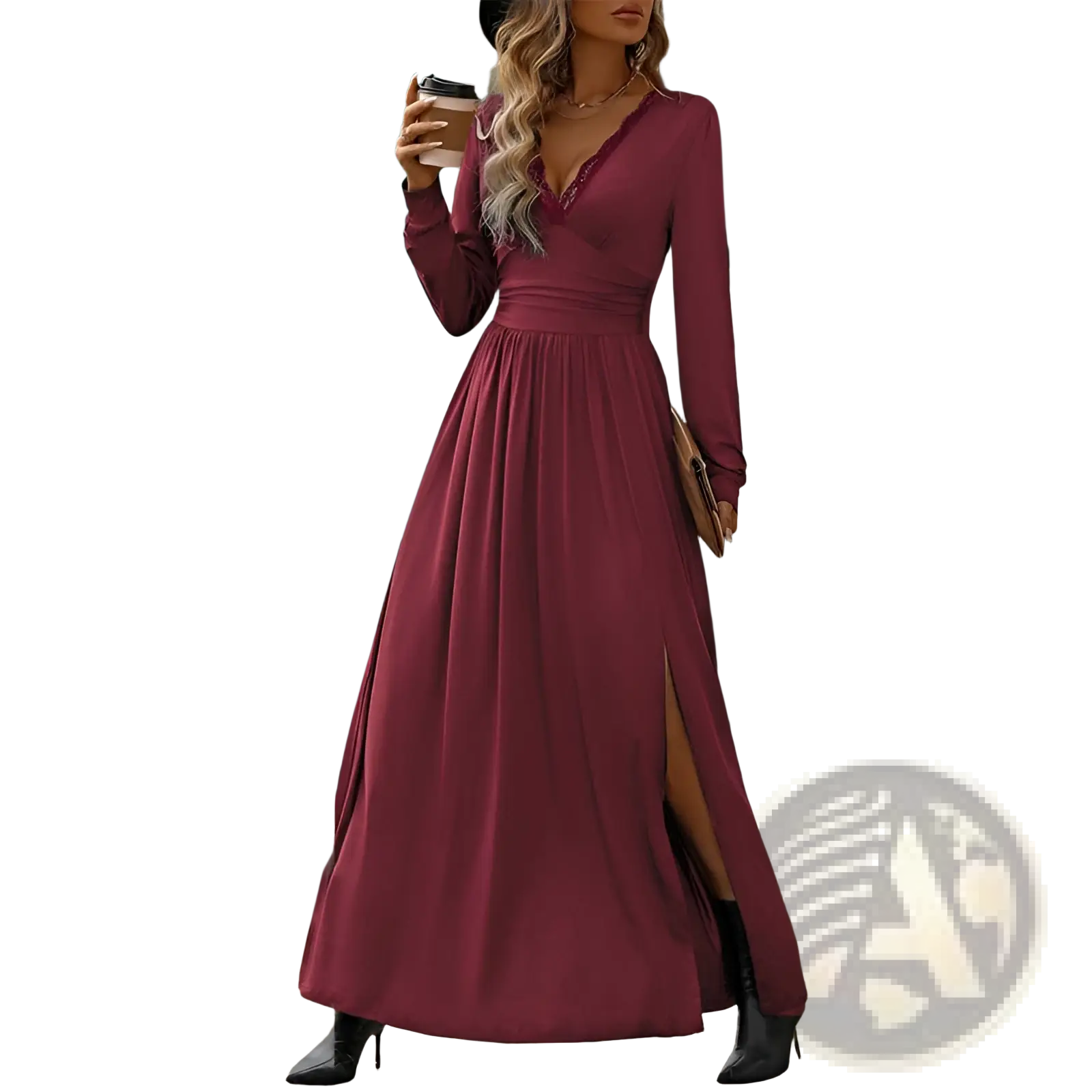 A flowing maroon long sleeve ruched slit maxi dress with a v neckline perfect for elegant occasions