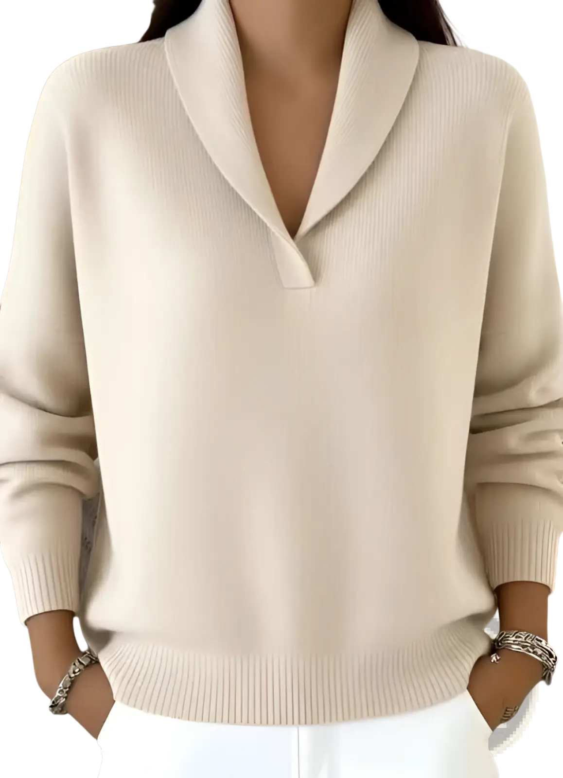 Cream-colored ribbed knit shawl collar sweater with a loose v-neck pullover design in soft knit material