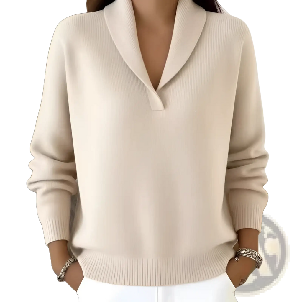 Beige ribbed knit v-neck loose pullover sweater with shawl collar and long sleeves for casual wear