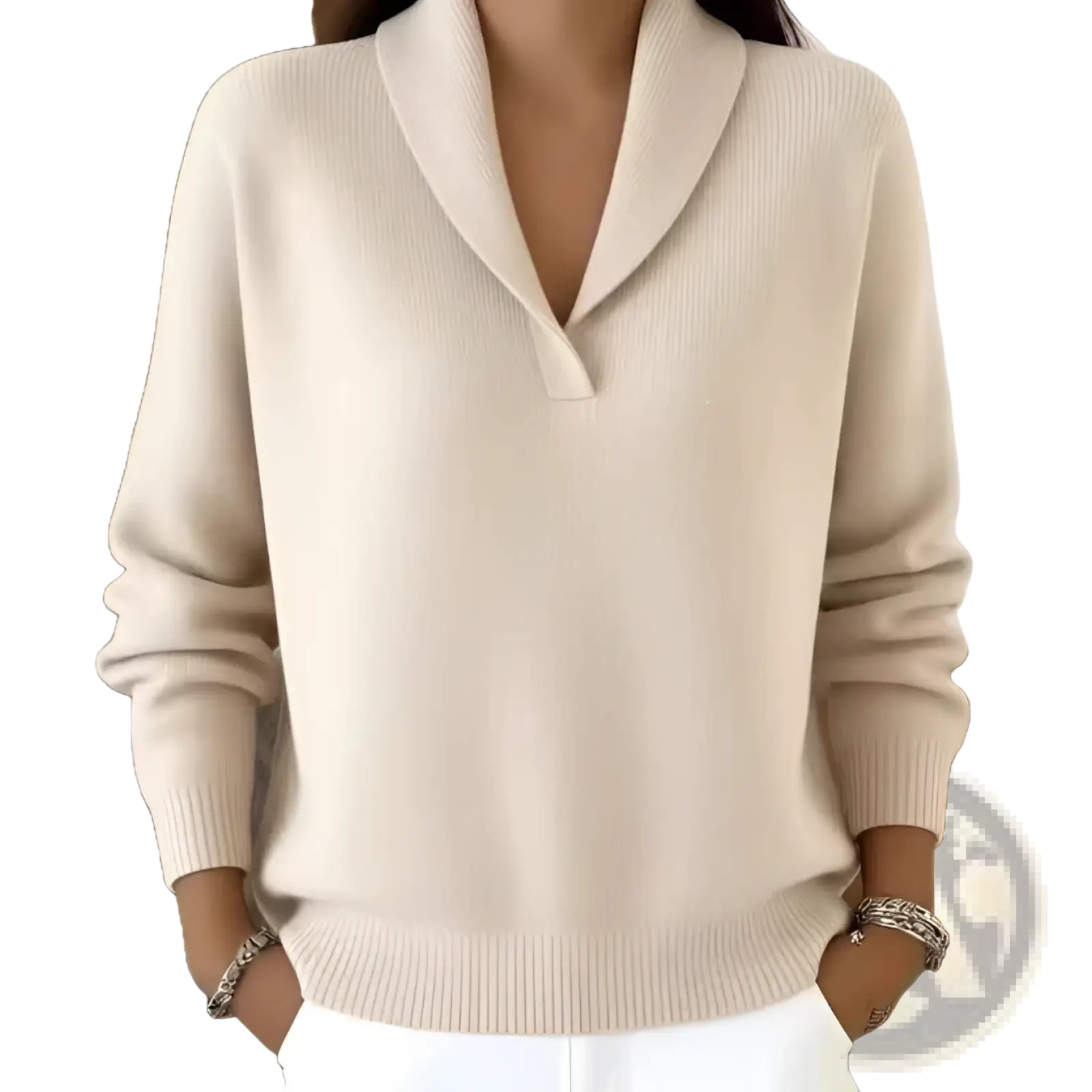 Beige ribbed knit v-neck loose pullover sweater with shawl collar and long sleeves for casual wear