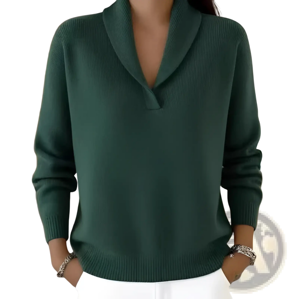 Deep green ribbed knit v neck loose pullover sweater with shawl collar made of soft knit material