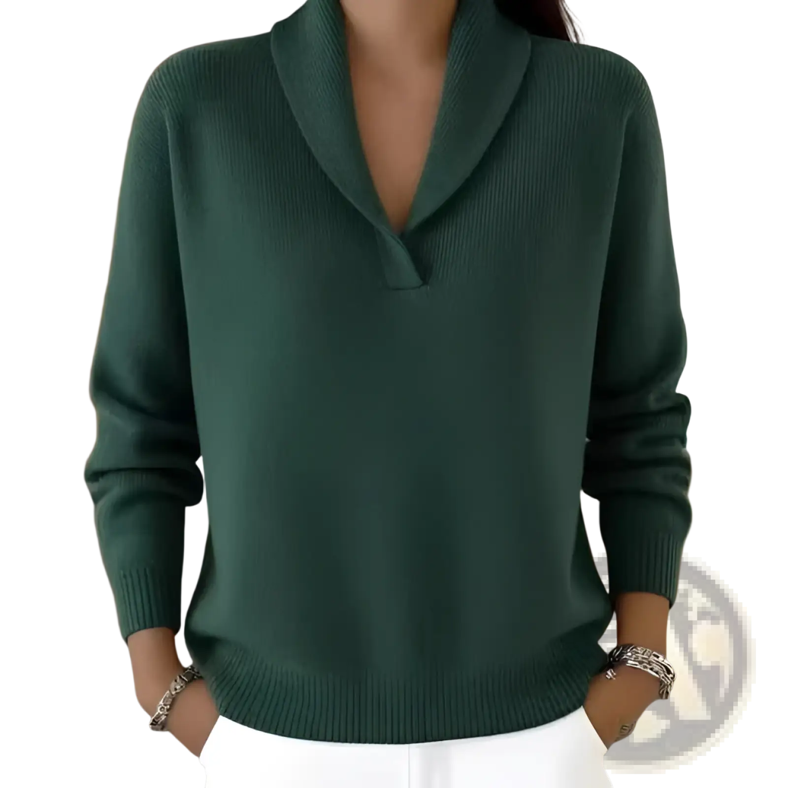 Deep green ribbed knit v neck loose pullover sweater with shawl collar made of soft knit material