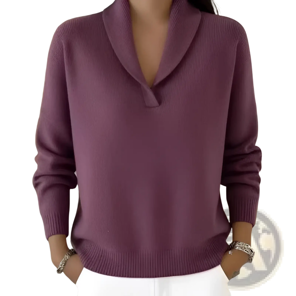A soft deep purple v-neck loose pullover sweater with shawl collar knit and ribbed cuffs and hem