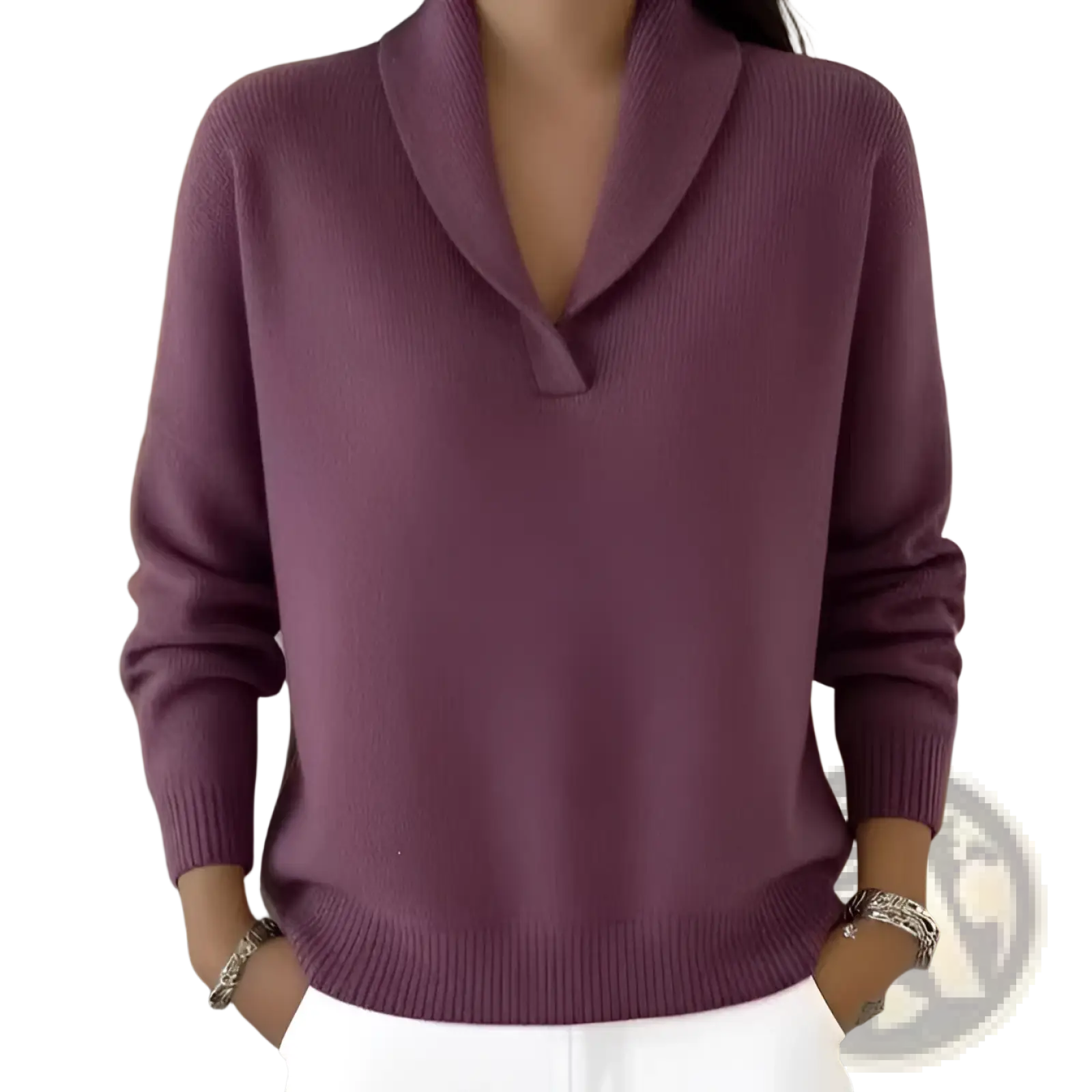 A soft deep purple v-neck loose pullover sweater with shawl collar knit and ribbed cuffs and hem