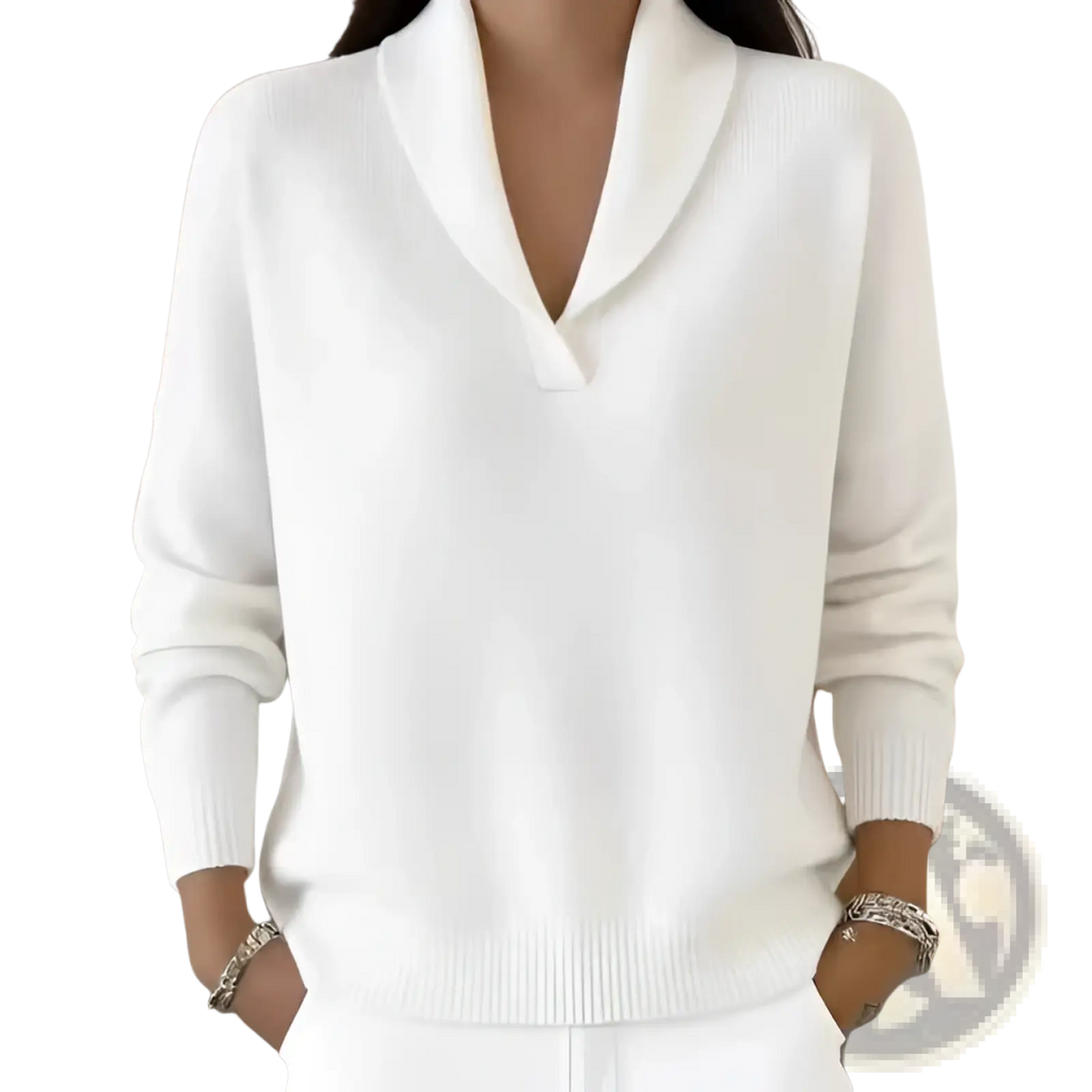 A soft white cashmere v-neck loose pullover sweater with a classic shawl collar and ribbed cuffs