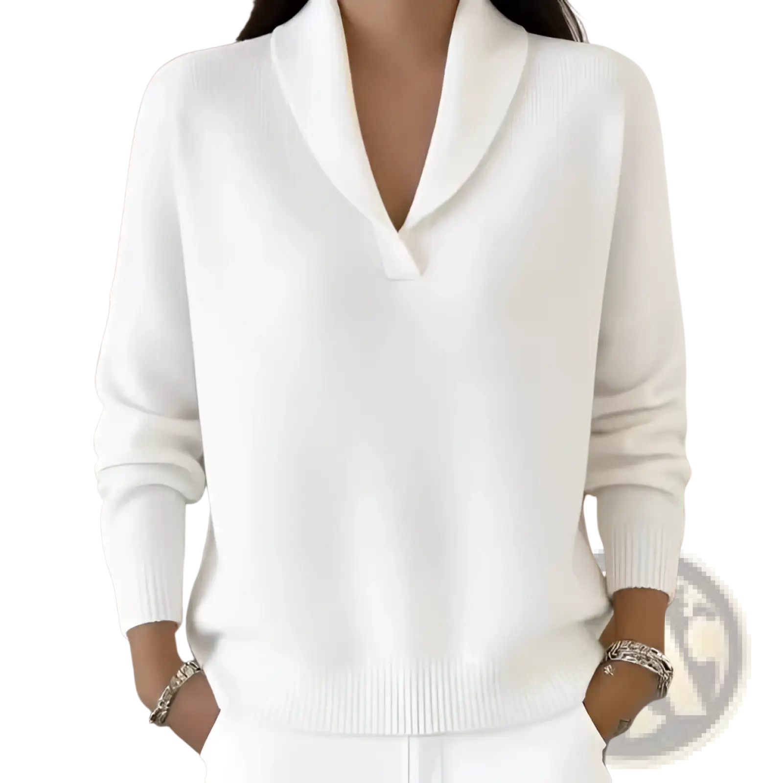 A soft white cashmere v-neck loose pullover sweater with a classic shawl collar and ribbed cuffs