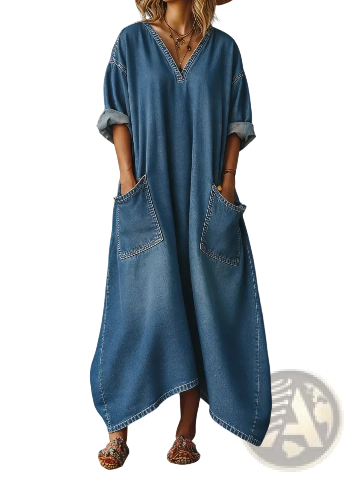 A medium-wash blue denim maxi dress with v-neckline rolled-up sleeves and large front pockets