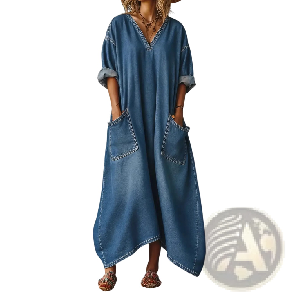 A long blue denim maxi dress with v neckline rolled up sleeves and pockets