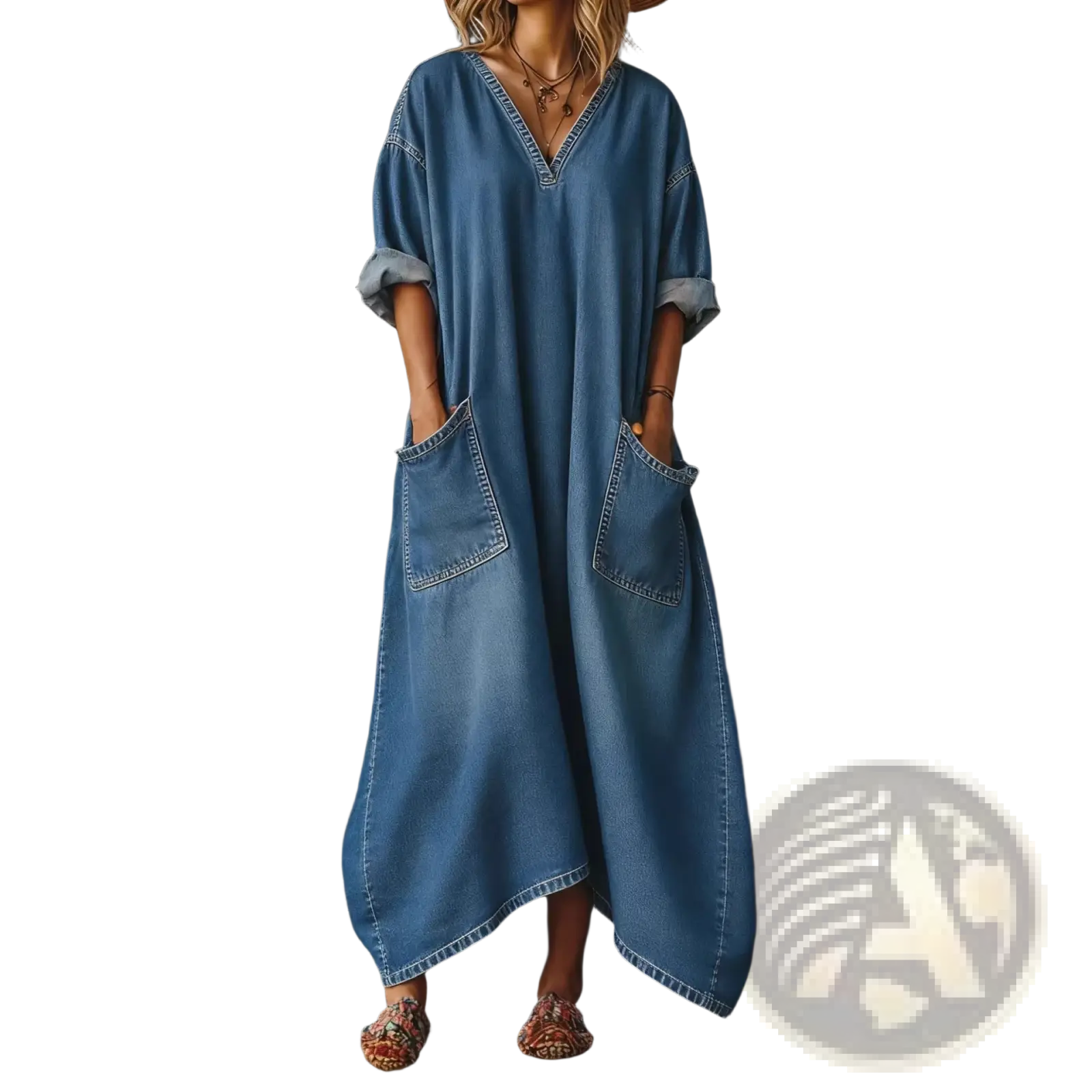 A long medium-wash blue denim maxi dress with v neckline rolled-up sleeves and pockets