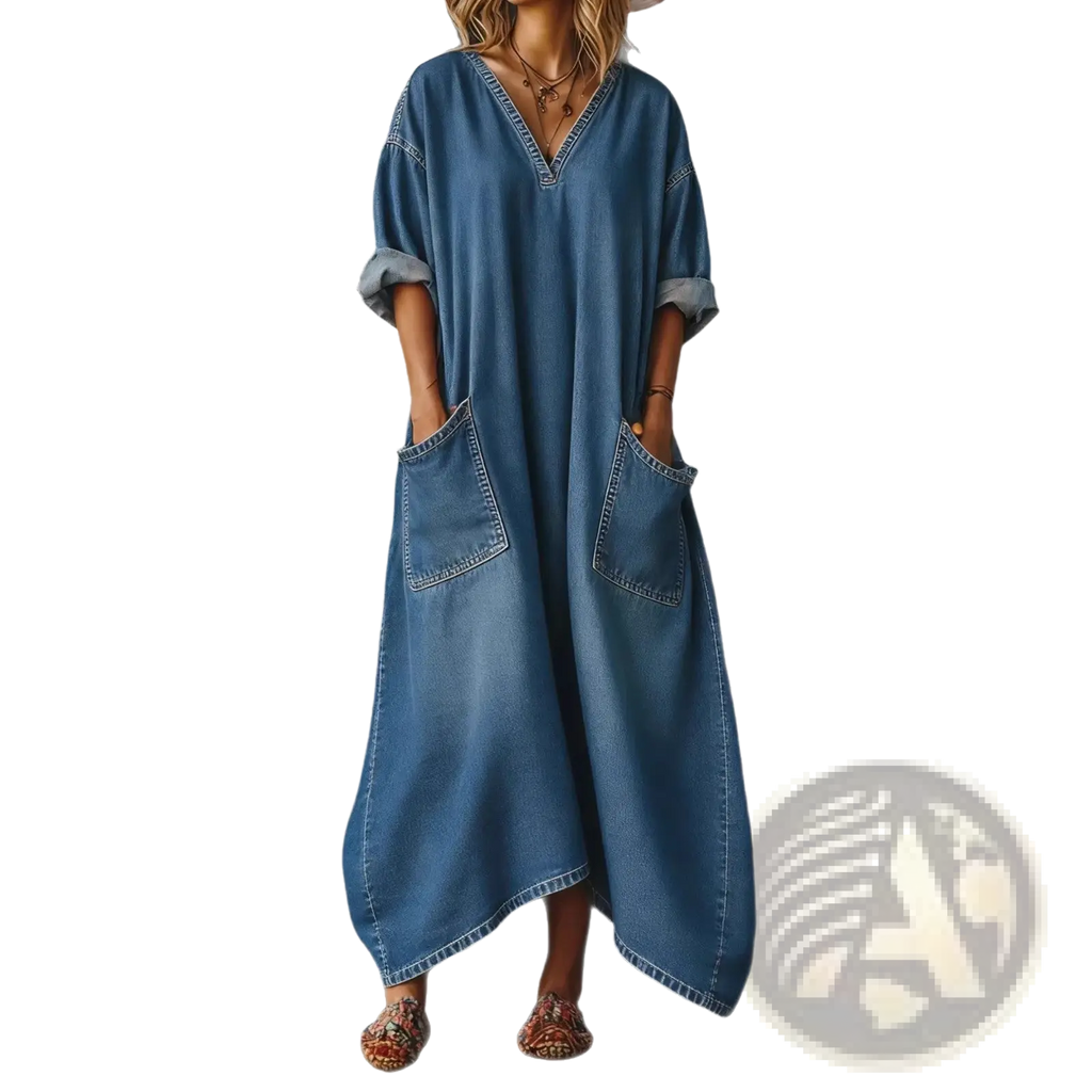 A loose-fitting medium-wash blue denim maxi dress with v neck rolled-up sleeves and large front pockets