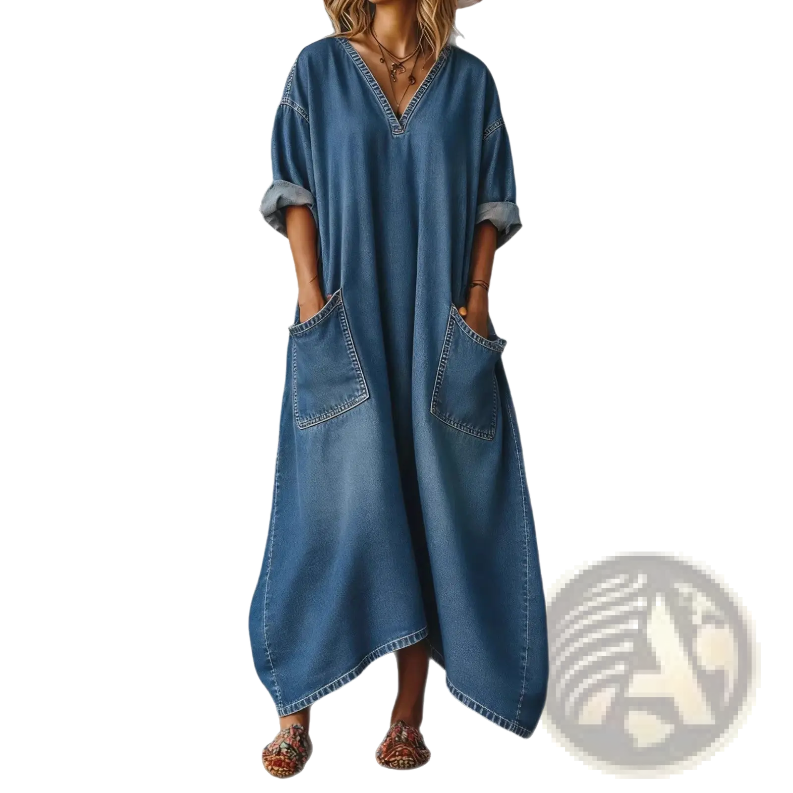 A loose-fitting medium-wash blue denim maxi dress with v neck rolled-up sleeves and large front pockets