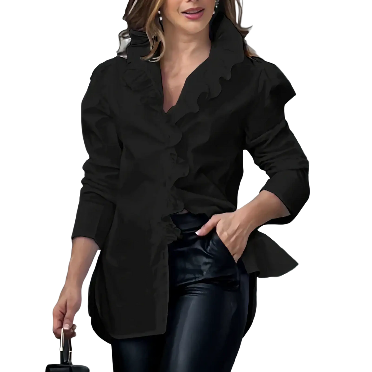 Black v-neck ruffle blouse with letter print and long three-quarter sleeves in lightweight fabric for stylish wear