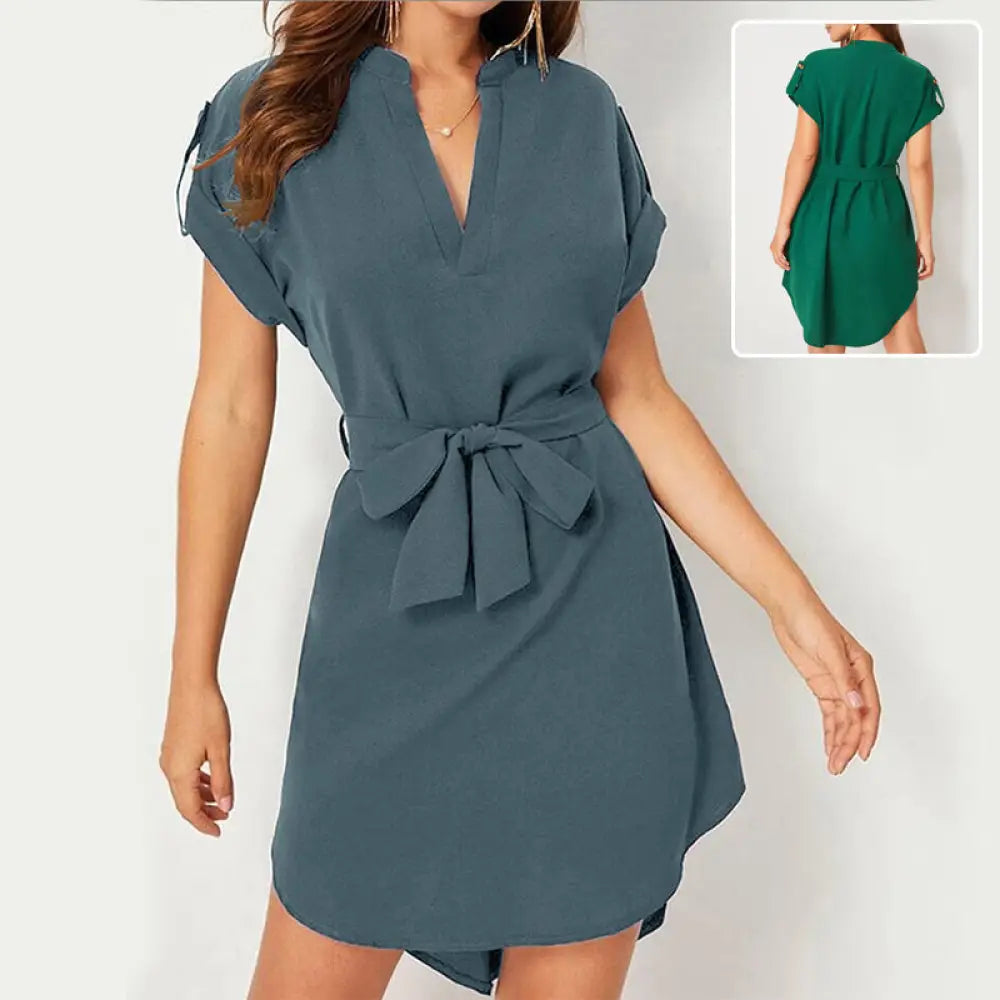 Emerald green v neck short sleeve belted wrap dress in soft teal fabric with self-tie waist belt