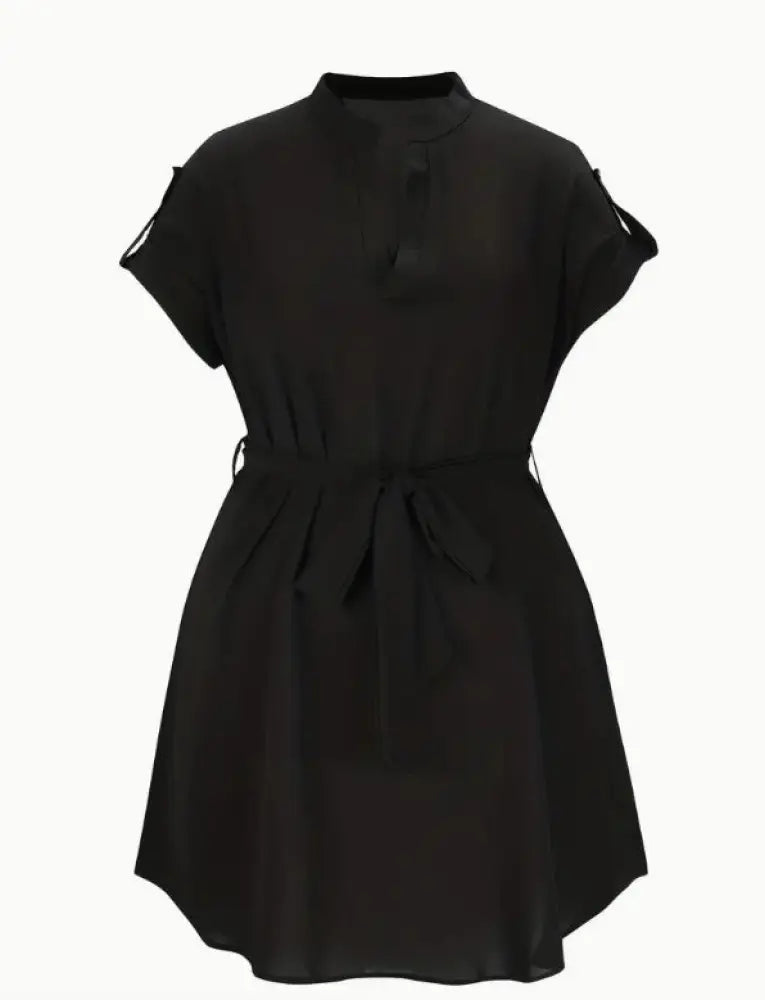 Black sheer chiffon dress with short sleeves and self-tie belt styled as emerald green v neck belted wrap dress
