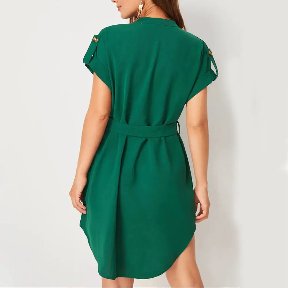 Emerald green v neck short sleeve belted wrap dress with flutter sleeves and gold tone button shoulder accents