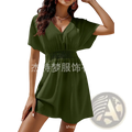 Olive green chiffon v-neck short sleeve dress with smocked waistband and pleated skirt shown from the back side