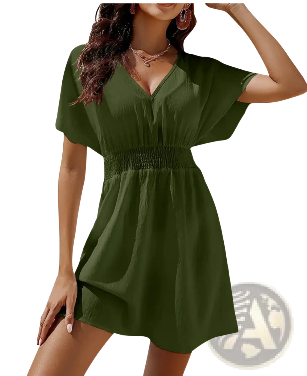 Olive green chiffon v-neck short sleeve dress with smocked waistband and pleated skirt detail
