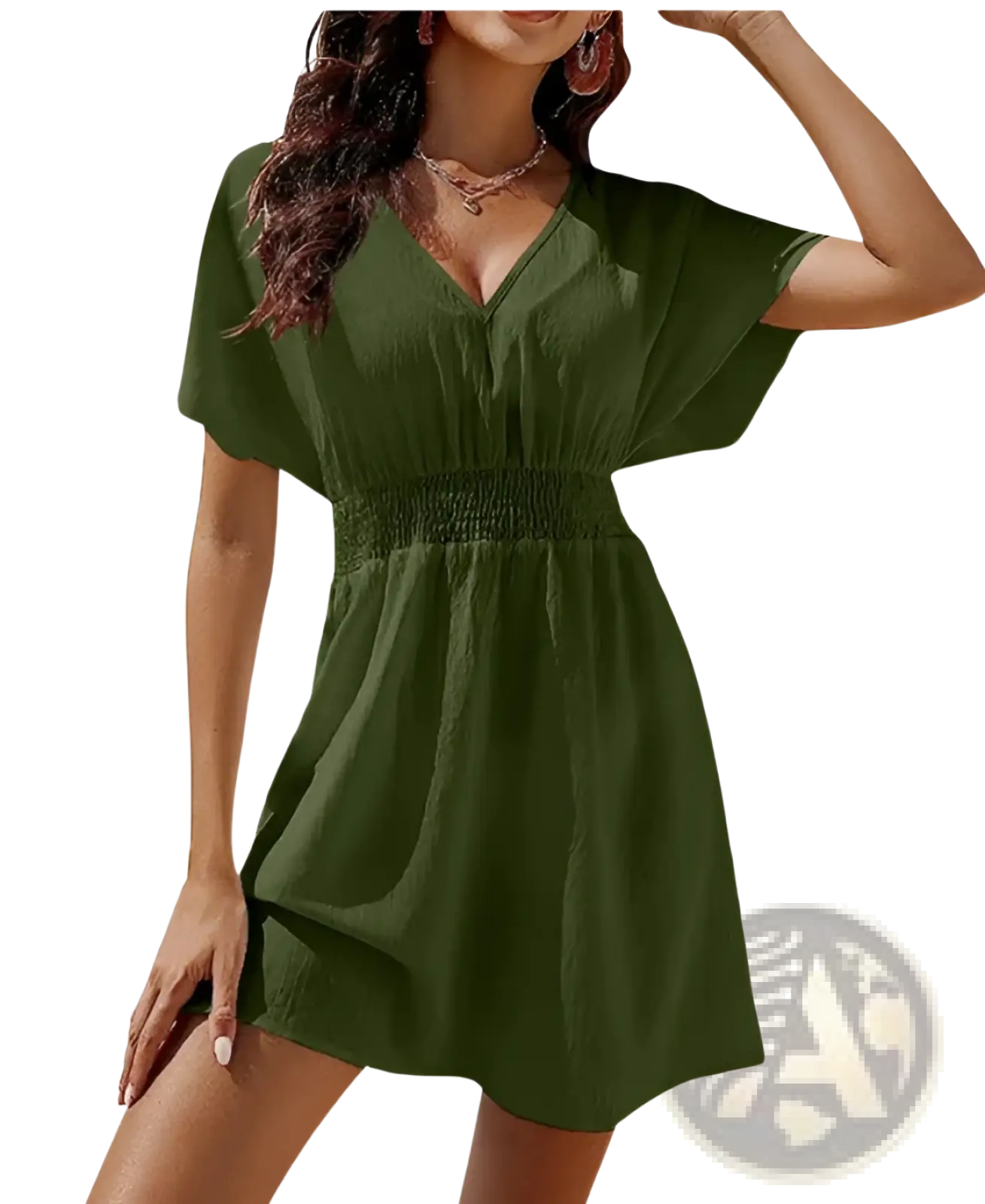Olive green chiffon v-neck short sleeve dress with smocked waistband and pleated skirt detail