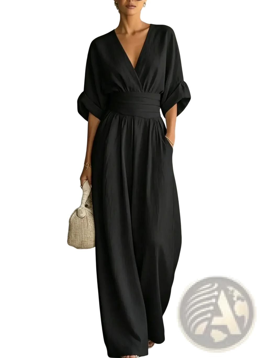 Black v-neck wide-leg jumpsuit with cinched waistband made from lightweight fabric for stylish comfort