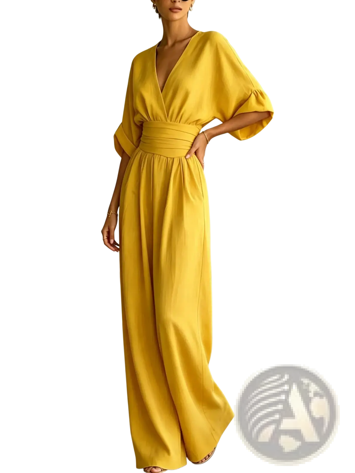 A flowing mustard-yellow v-neck wide-leg jumpsuit with deep v-neckline, bell sleeves, and elasticated waistband