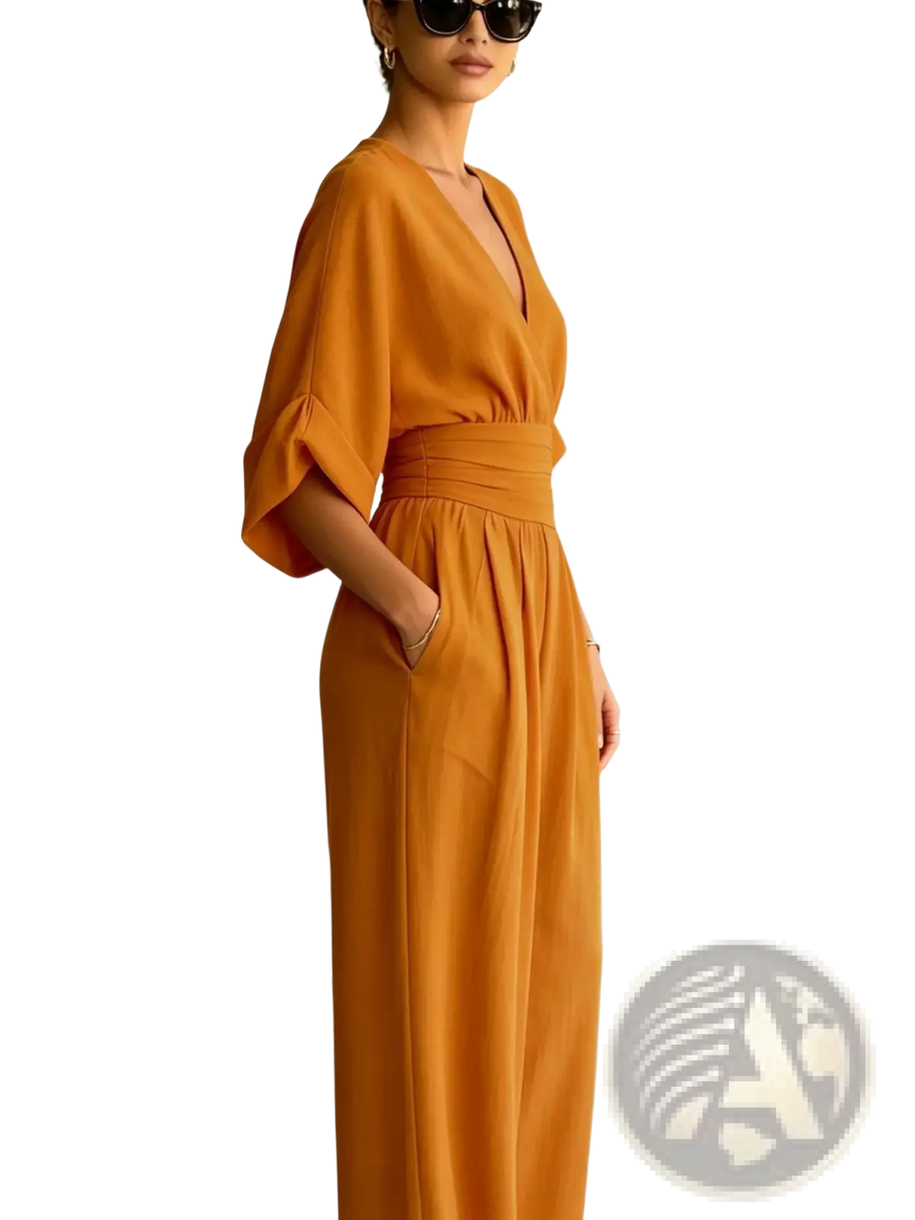 A flowing mustard-yellow wide-leg jumpsuit with a v-neckline, cinched waistband, and three-quarter sleeves
