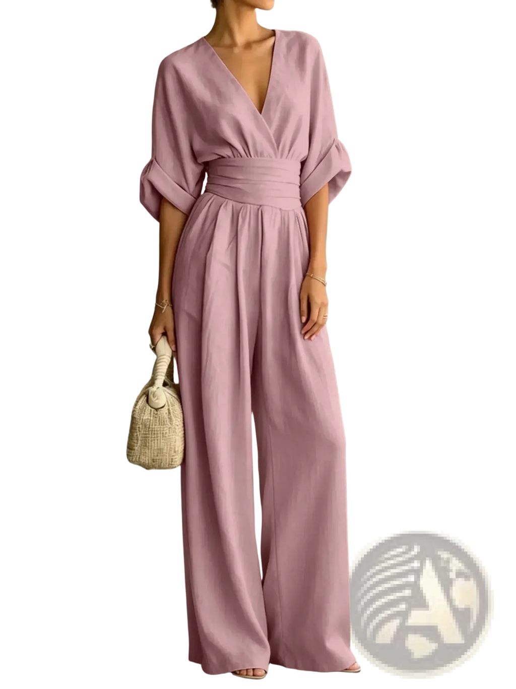 A soft lavender-colored v-neck wide-leg jumpsuit with a cinched waist and flowing fabric for elegant wear