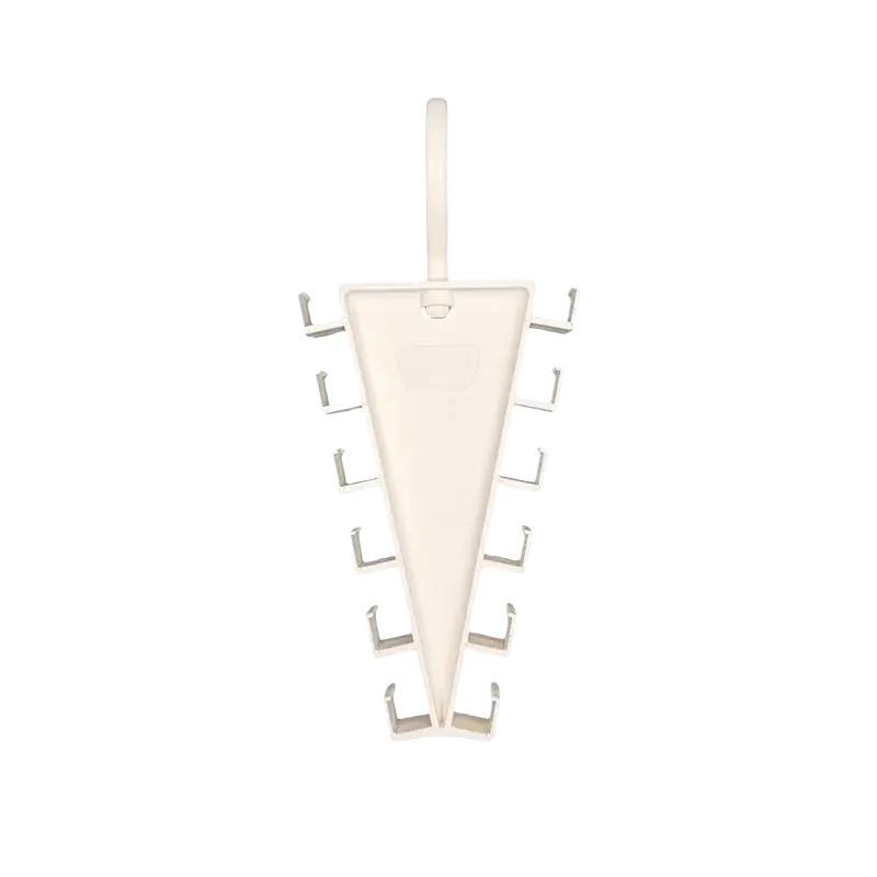 White plastic v shape multi hook hanger rack with silver metal hooks for closet organization and display