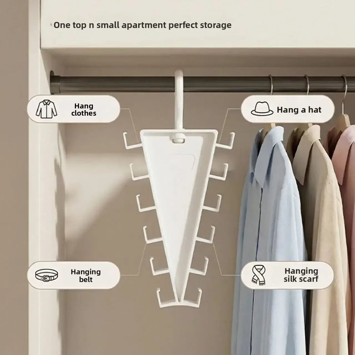 White plastic v shape multi hook hanger rack closet organizer with multiple hooks for clothes hats belts and scarves