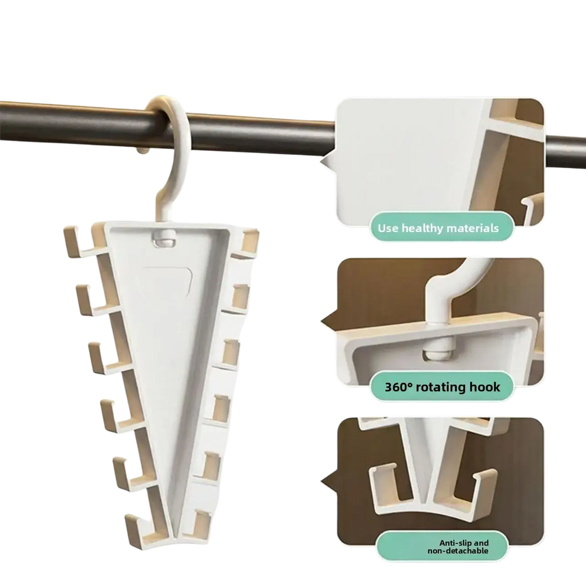 White plastic v shape multi hook hanger rack with 360-degree rotating hook and anti-slip design for closet organizing