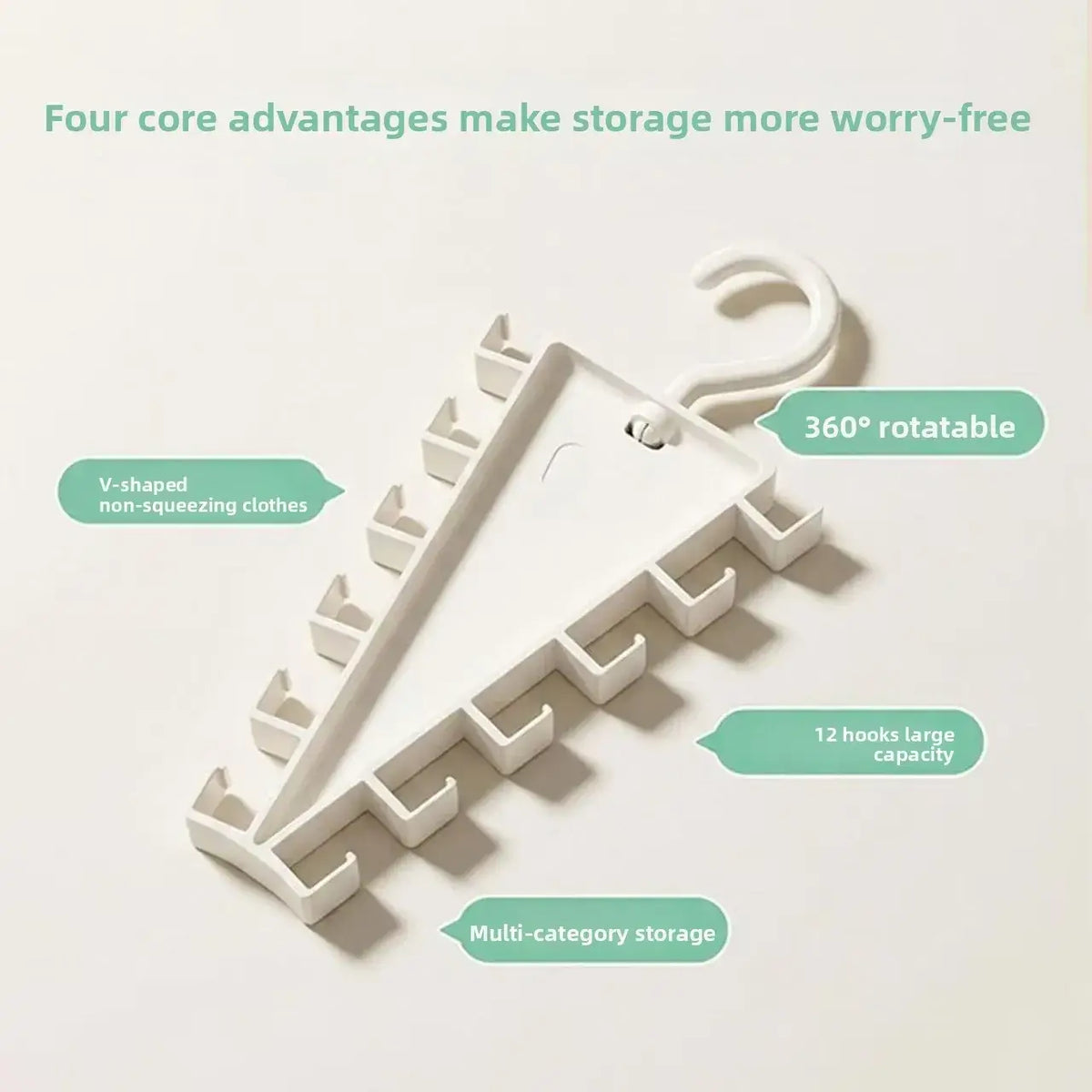 White plastic v shape multi hook hanger rack with 12 v-shaped hooks and 360 degree rotatable hook for closet organization