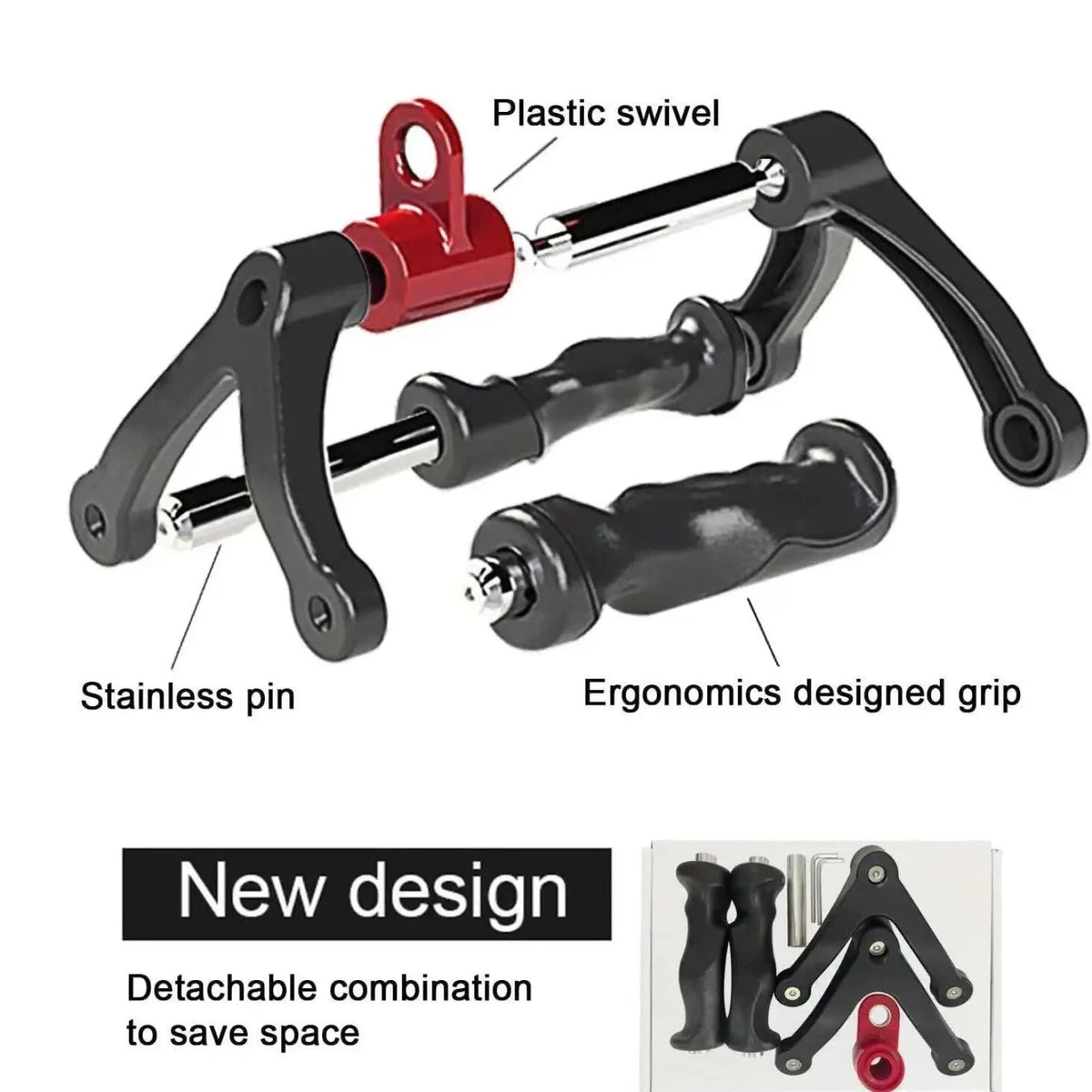 Black and red v-shaped rowing bar rotating cable machine handle with ergonomic grip stainless pin and plastic swivel