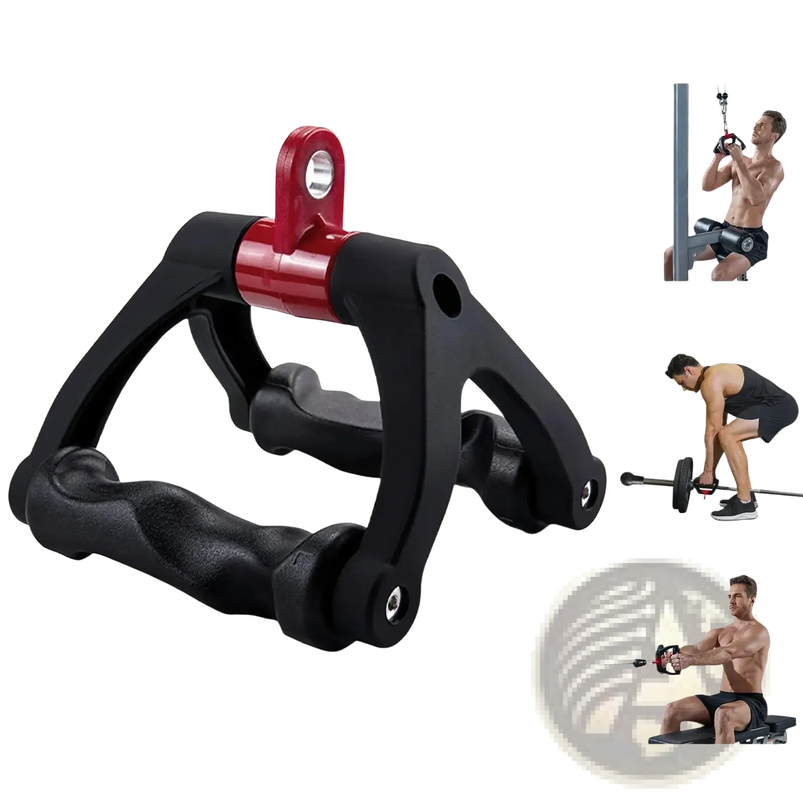 Black and red v-shaped rowing bar rotating cable machine handle with adjustable textured grips for strength training