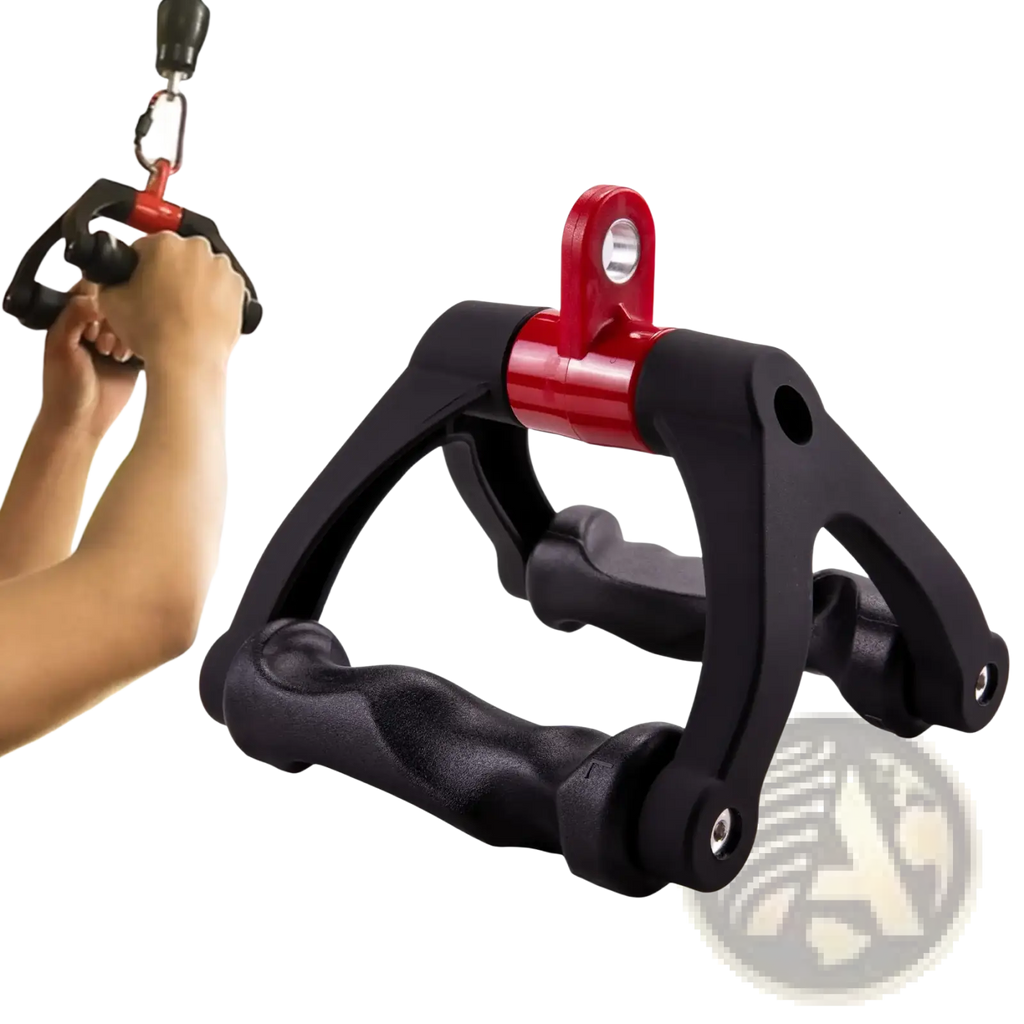 Black and red adjustable V-shaped rowing bar cable machine handle with textured grip and metal attachment points