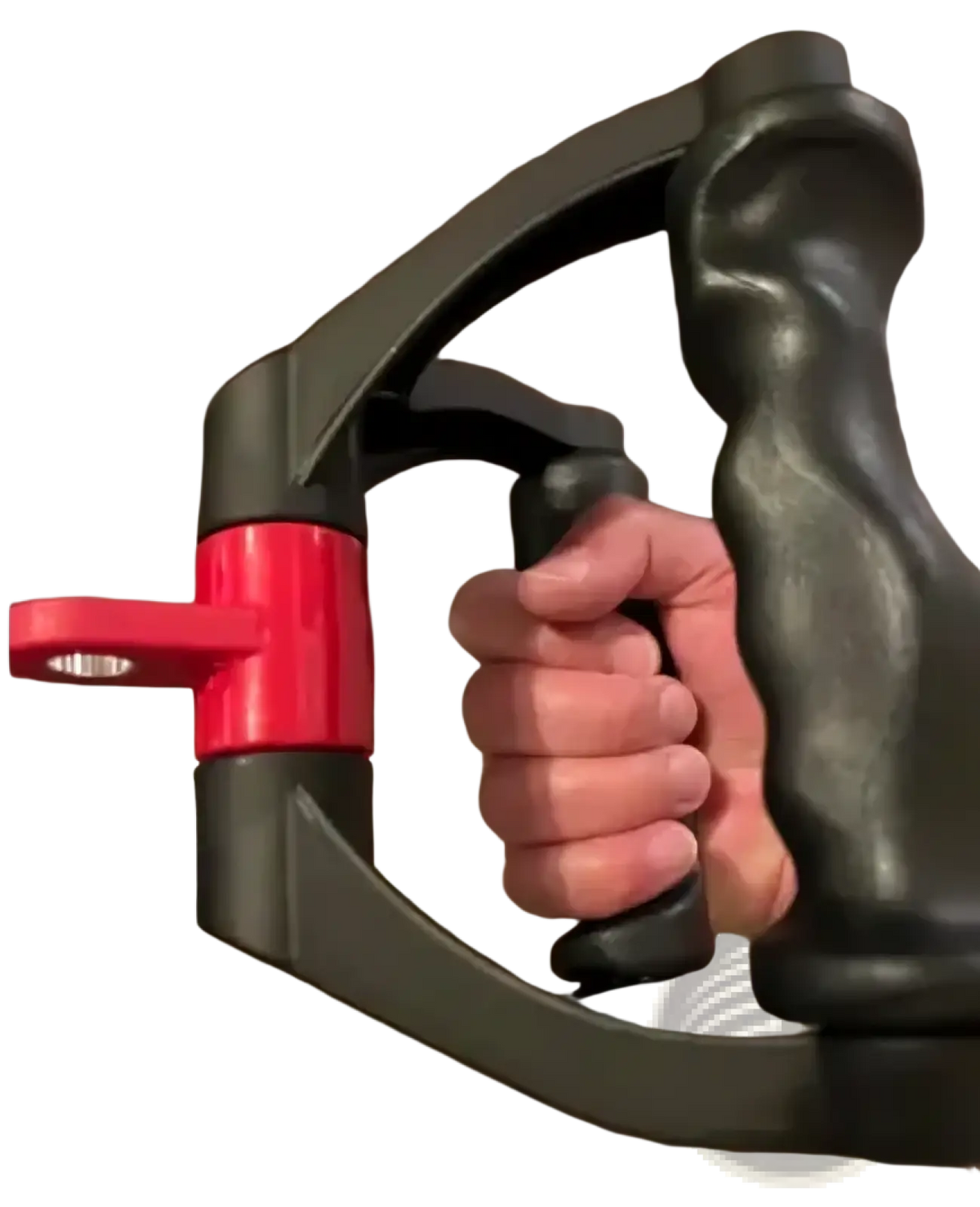 Black and red plastic ergonomic hand grip for V-shaped rowing bar rotating cable machine handle