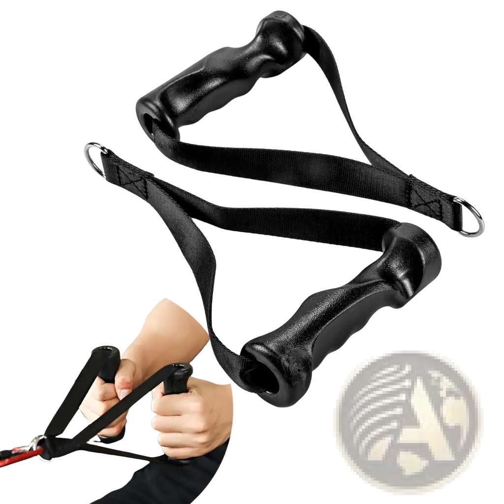Black rubber-handled v-shaped rowing bar rotating cable machine handle with adjustable straps and metal rings