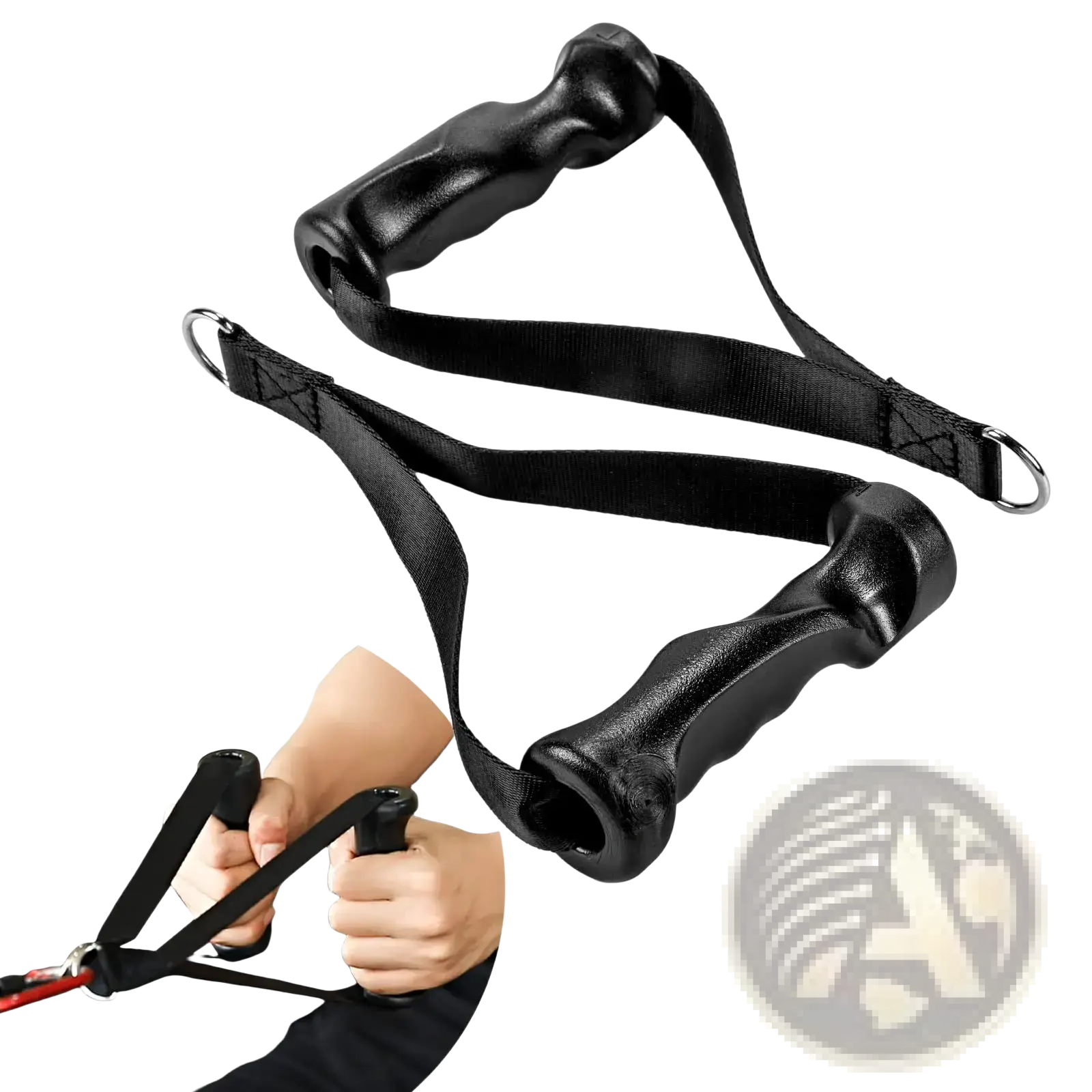 Black rubber-handled v-shaped rowing bar rotating cable machine handle with adjustable straps and metal rings