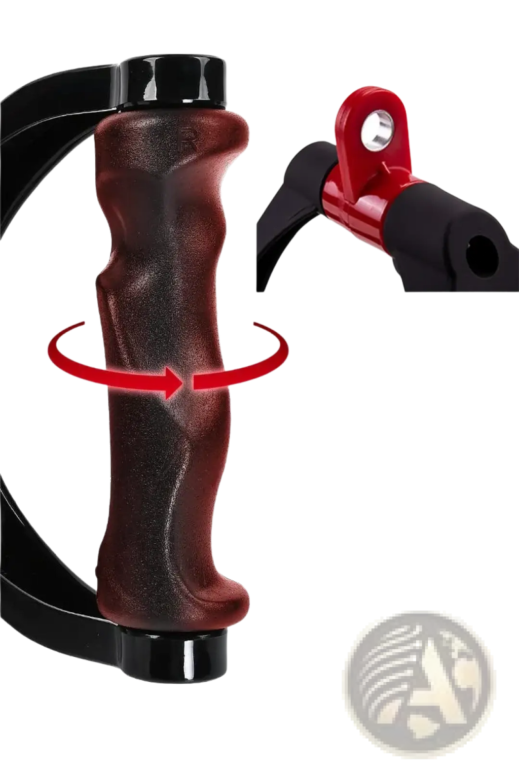 V-shaped rowing bar rotating cable machine handle with red and black textured rotating grip for precise force application