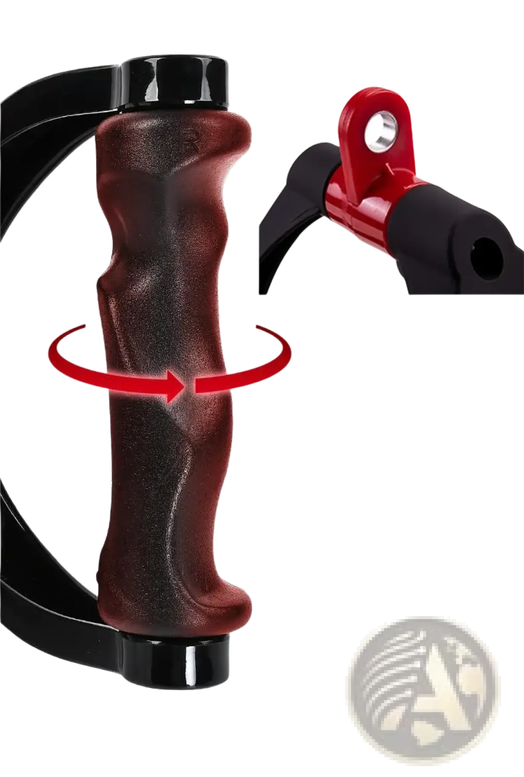 V-shaped rowing bar rotating cable machine handle with red and black textured rotating grip for precise force application