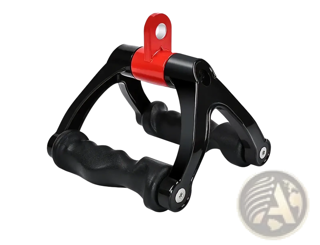 Black and red adjustable v-shaped rowing bar rotating cable machine handle with textured grips for pull exercises