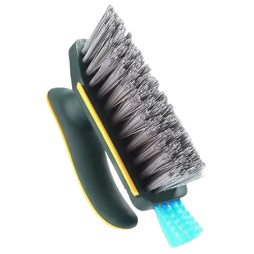 Black and yellow handled v-shaped tile and crevice cleaning brush with dense gray bristles and blue tip for precision cleaning