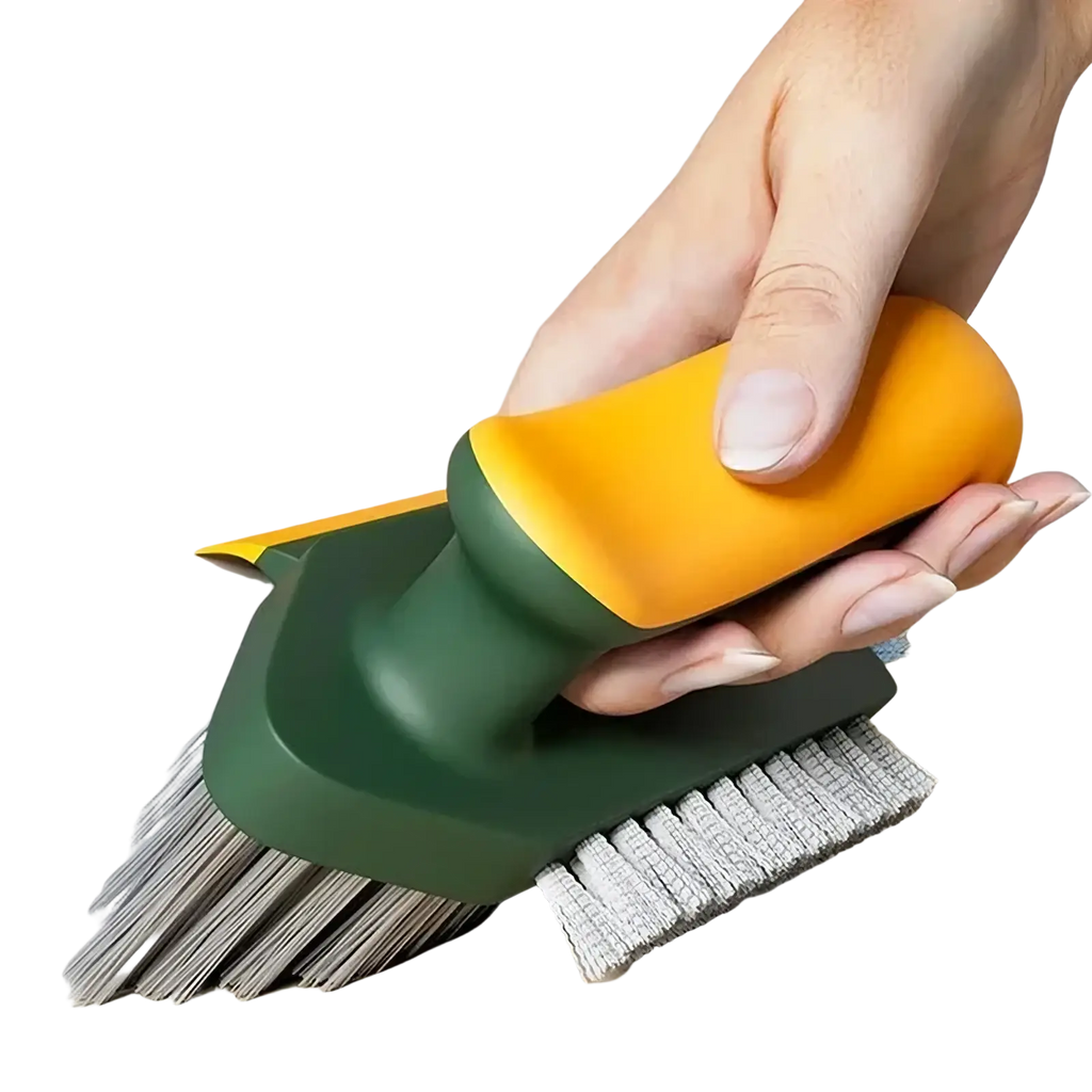 V-shaped tile and crevice cleaning brush with dual-sided yellow and dark green handle, metal and microfiber bristles