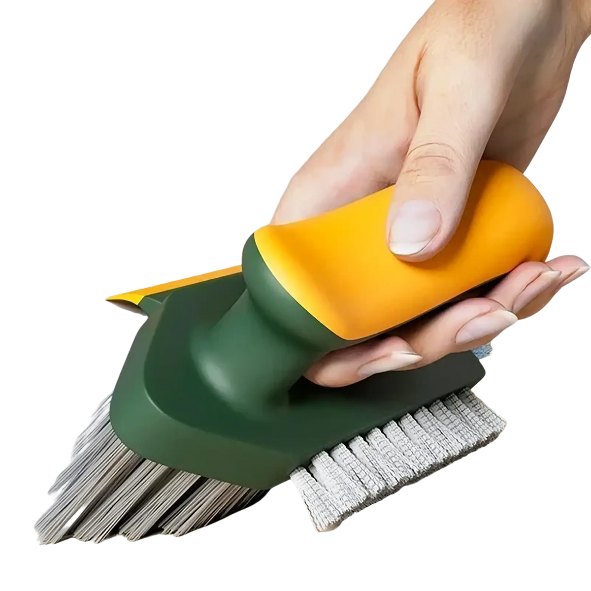 V-shaped tile and crevice cleaning brush with dual-sided yellow and dark green handle, metal and microfiber bristles