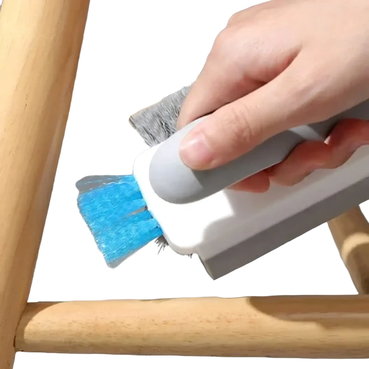 V-shaped tile and crevice cleaning brush with gray and white body and blue and gray bristles dual-sided for effective cleaning