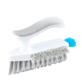 White plastic v-shaped tile and crevice cleaning brush with silver metal bristles and bright blue accent tuft