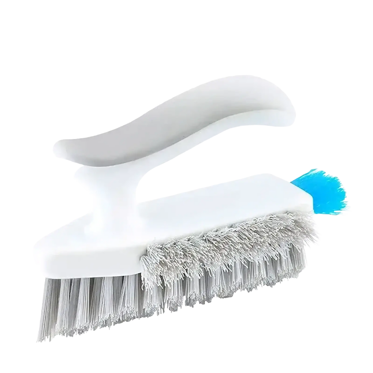 White plastic v-shaped tile and crevice cleaning brush with silver metal bristles and bright blue accent tuft