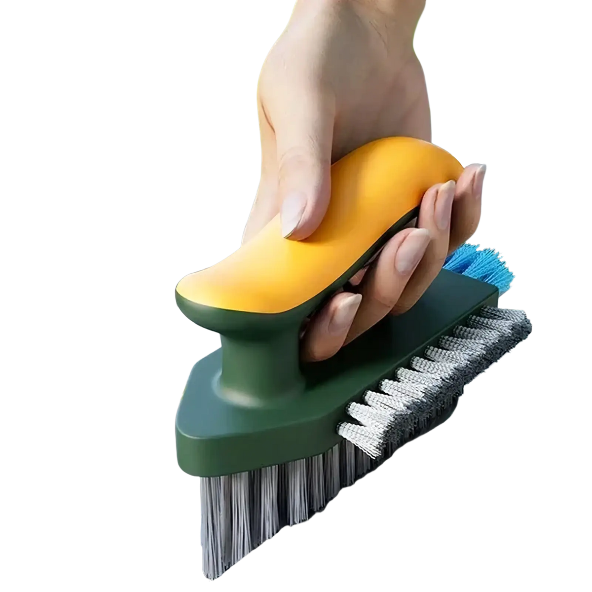 Yellow and green dual-sided v-shaped tile and crevice cleaning brush with gray and blue bristles for detailed cleaning