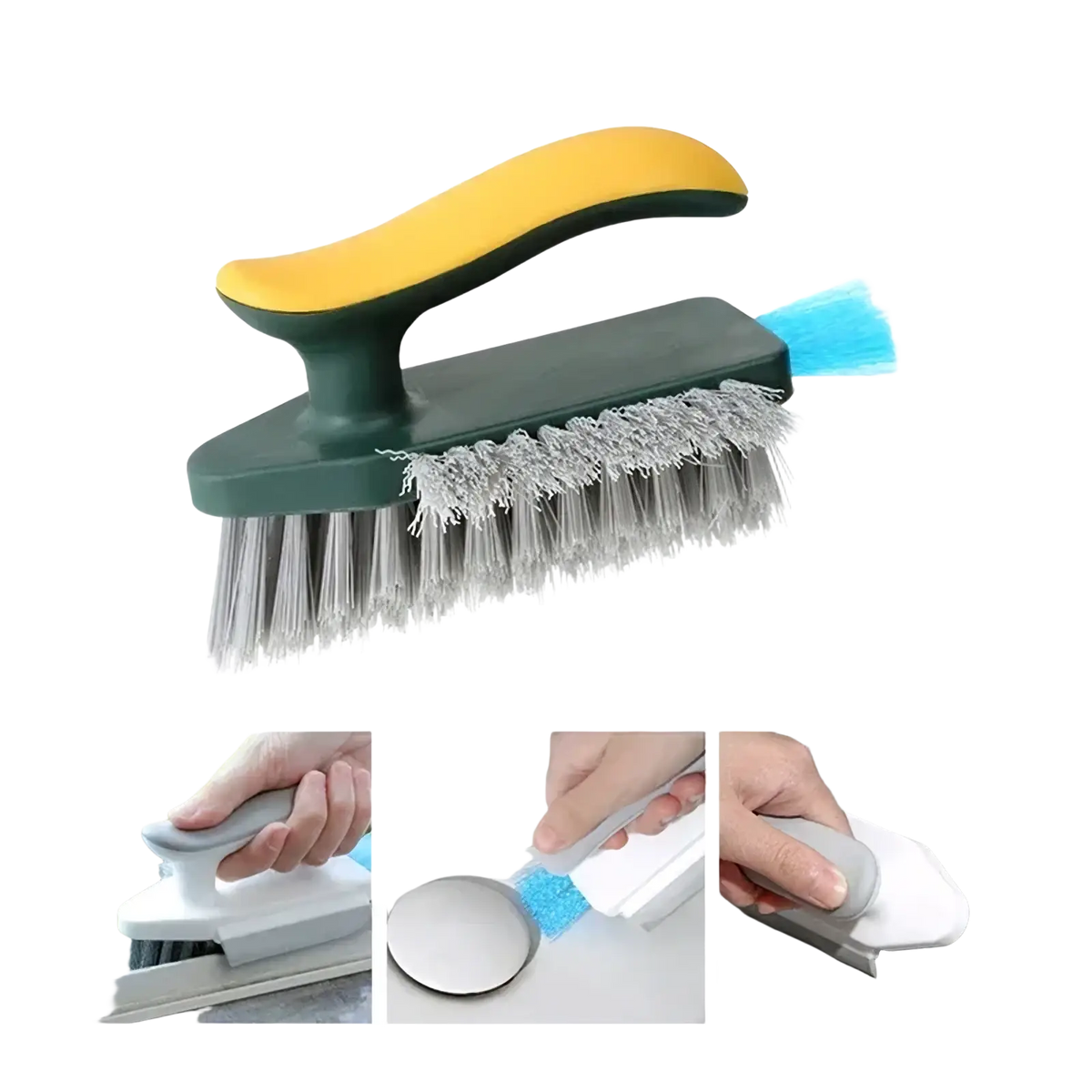 V-shaped tile and crevice cleaning brush with yellow and green handle gray bristles and detachable blue scrubbing pad