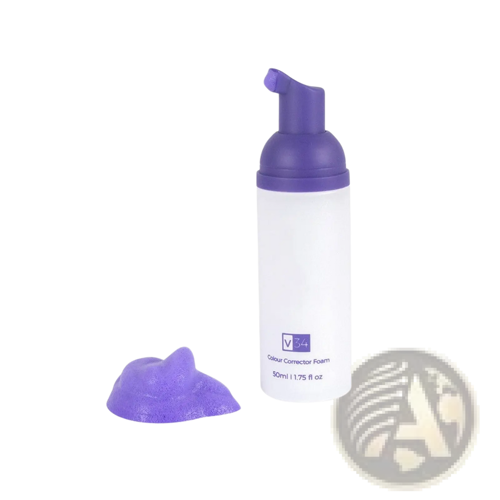 A sleek white bottle with a purple pump dispenser of v34 teeth whitening purple color corrector foam beside its vibrant foam